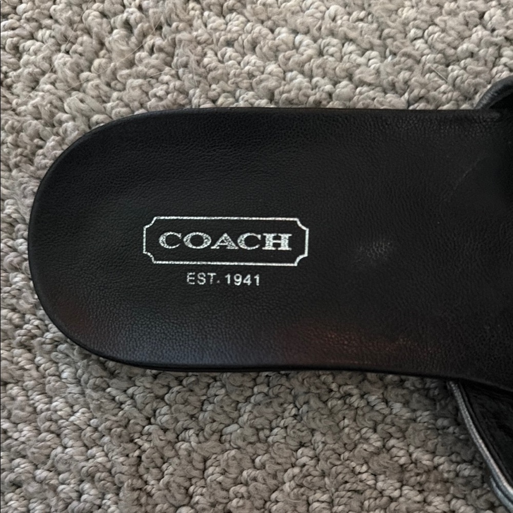 COACH Black Leather Toe-Ring Sandals with Logo Medallion - Picture 4 of 9